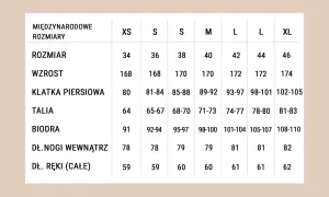 Tabela rozmiarów odzieży. Najmniejszy rozmiar to XS, odpowiadający rozmiarowi 34, wzrostowi 168 cm i obwodom: klatka 80 cm, talia 64 cm, biodra 91 cm.