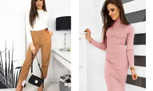 Kobieta o figurze klepsydry z brzuszkiem w eleganckich stylizacjach: biały golf i brązowe spodnie lub różowa sukienka.