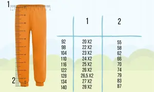Pomarańczowe spodnie obok miarki. Tabela rozmiarów: rozmiar 110 jaki wiek? 110 cm to 24x2, 66.