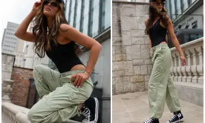 Spodnie cargo damskie stylizacje: luźne, pistacjowe spodnie cargo i czarny top tworzą miejski look.