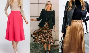 Trzy stylizacje z plisowanymi spódnicami, idealnymi dla figury gruszki. Różowa, panterkowa i złota spódnica dla każdej kobiety.
