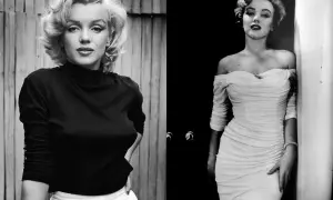 Ikoniczna sylwetka Marilyn Monroe w czarnym golfie i białej spódnicy, obok w białej, dopasowanej sukni.