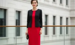 Elegancka kobieta w czerwonej sukience i czarnym żakiecie. Idealny zestaw, jaki garnitur do czerwonej sukienki? Ten czarny żakiet to strzał w dziesiątkę.