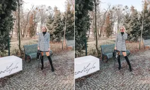 Elegancki płaszcz w pepitkę i wysokie kozaki tworzą stylową całość. Kobieta pozuje w parku, prezentując modne stylizacje.