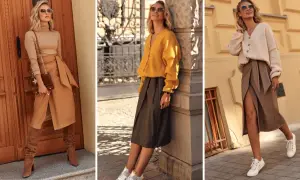 Eleganckie spódnico-spodnie do kolan w odcieniach brązu i zieleni, zestawione z swetrami i botkami lub sneakersami.
