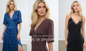 Trzy eleganckie sukienki na wieczorne wyjście ze znajomymi: niebieska w kwiaty, brązowa i czarna z koronką.
