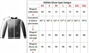 Tabela rozmiarów bluzy Adidas. Jaki rozmiar jest większy L czy M? L jest większy od M, ma 75 cm długości całkowitej i 57 cm szerokości w klatce.