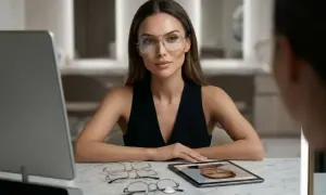 Elegancka kobieta w okularach przymierza kolejne modele, szukając idealnego dopasowania okularów do twarzy. Na stole leżą różne oprawki.