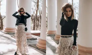 Elegancka długa spódnica z falbanami i koronką, zestawiona z czarnym golfem i ramoneską. Stylowe długa spódnica stylizacje.