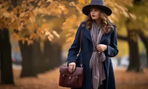 Elegancka kobieta w granatowym płaszczu, kapeluszu i szalu, z bordową torebką, na tle jesiennego parku. Granatowy płaszcz stylizacje na jesień.
