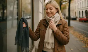 Kobieta w brązowym płaszczu zastanawia się, jaki szal do brązowego płaszcza wybrać. Ma na sobie jasny szal, a w ręku trzyma ciemnoszary.