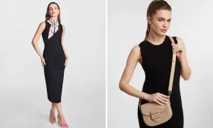 Elegancka czarna sukienka z beżowymi butami i torebką. Idealny zestaw na wieczorne wyjście.