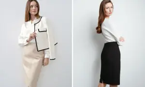 Eleganckie spódnice ołówkowe w beżowym i czarnym kolorze, prezentujące klasyczne stylizacje.