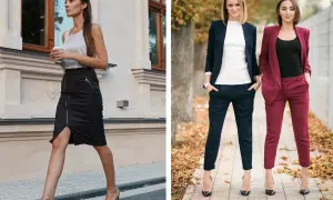 Eleganckie stylizacje dla kobiet: czarna spódnica z zamkiem, granatowy i bordowy garnitur. Inspiracje, jak się ubrać na poprawiny.