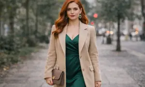 Elegancka kobieta w beżowym płaszczu i zielonej sukience, z brązową kopertówką. Idealna narzutka do zielonej sukienki na jesienny spacer.