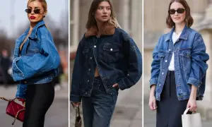 Trzy kobiety prezentują modne katana jeansowa stylizacje. Luźne kurtki dżinsowe w różnych odcieniach niebieskiego.
