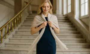 Elegancka kobieta w granatowej sukience wieczorowej i beżowym szalu, pokazująca, jak wiązać szal do sukienki wieczorowej.