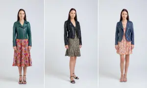 Trzy kobiety prezentują stylizacje z sukienkami i kurtkami. Zielona, czarna i granatowa kurtka do sukienki tworzą modne zestawy.