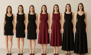 Sześć kobiet prezentuje sukienki o różnej długości do wzrostu: mini, midi i maxi.