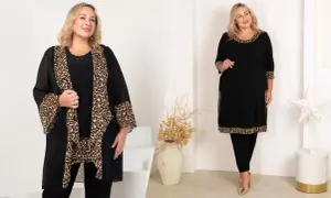 Dwie polskie modelki plus size prezentują eleganckie czarne kreacje z panterkowymi akcentami.
