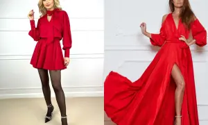 Dwie kobiety w czerwonych sukienkach. Krótka sukienka z kokardą i szpilki, długa z rozcięciem i sandałki. Inspiracje: jakie dodatki do czerwonej sukienki.