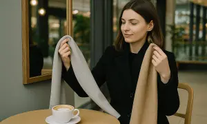 Kobieta w czarnym płaszczu zastanawia się, jaki szalik do czarnego płaszcza damskiego wybrać – jasnoszary czy beżowy.