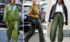 Oliwkowe spodnie damskie w trzech odsłonach: błyszczący total look, elegancka koszula i szerokie nogawki, skórzana kurtka i luźne spodnie.