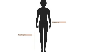 Sylwetka kobiety z zaznaczonym obwodem bioder i długością nogawki. Dowiedz się, jak mierzyć biodra.