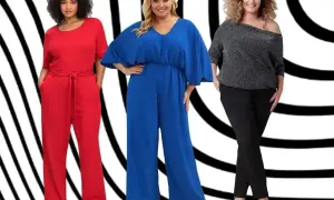 Trzy uśmiechnięte kobiety plus size w eleganckich stylizacjach: czerwony, niebieski i srebrny kombinezon/strój.