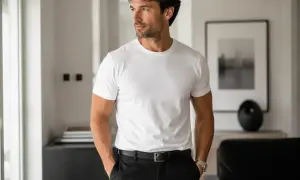 Mężczyzna w białym t-shircie i czarnych spodniach. Klasyczne biały t shirt stylizacje, idealne na co dzień.