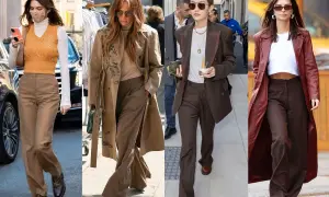 Brązowe spodnie w stylizacjach modelek: Kendall Jenner, Jennifer Lopez, Gigi Hadid i Emily Ratajkowski prezentują eleganckie, modne zestawy.