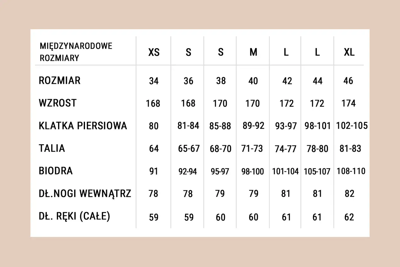 Tabela rozmiarów odzieży. Najmniejszy rozmiar to XS, odpowiadający rozmiarowi 34, wzrostowi 168 cm i obwodom: klatka 80 cm, talia 64 cm, biodra 91 cm.
