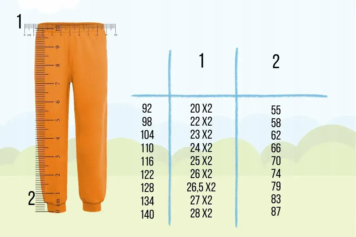 Pomarańczowe spodnie obok miarki. Tabela rozmiarów: rozmiar 110 jaki wiek? 110 cm to 24x2, 66.