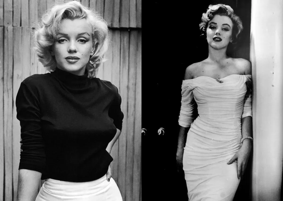 Ikoniczna sylwetka Marilyn Monroe w czarnym golfie i białej spódnicy, obok w białej, dopasowanej sukni.