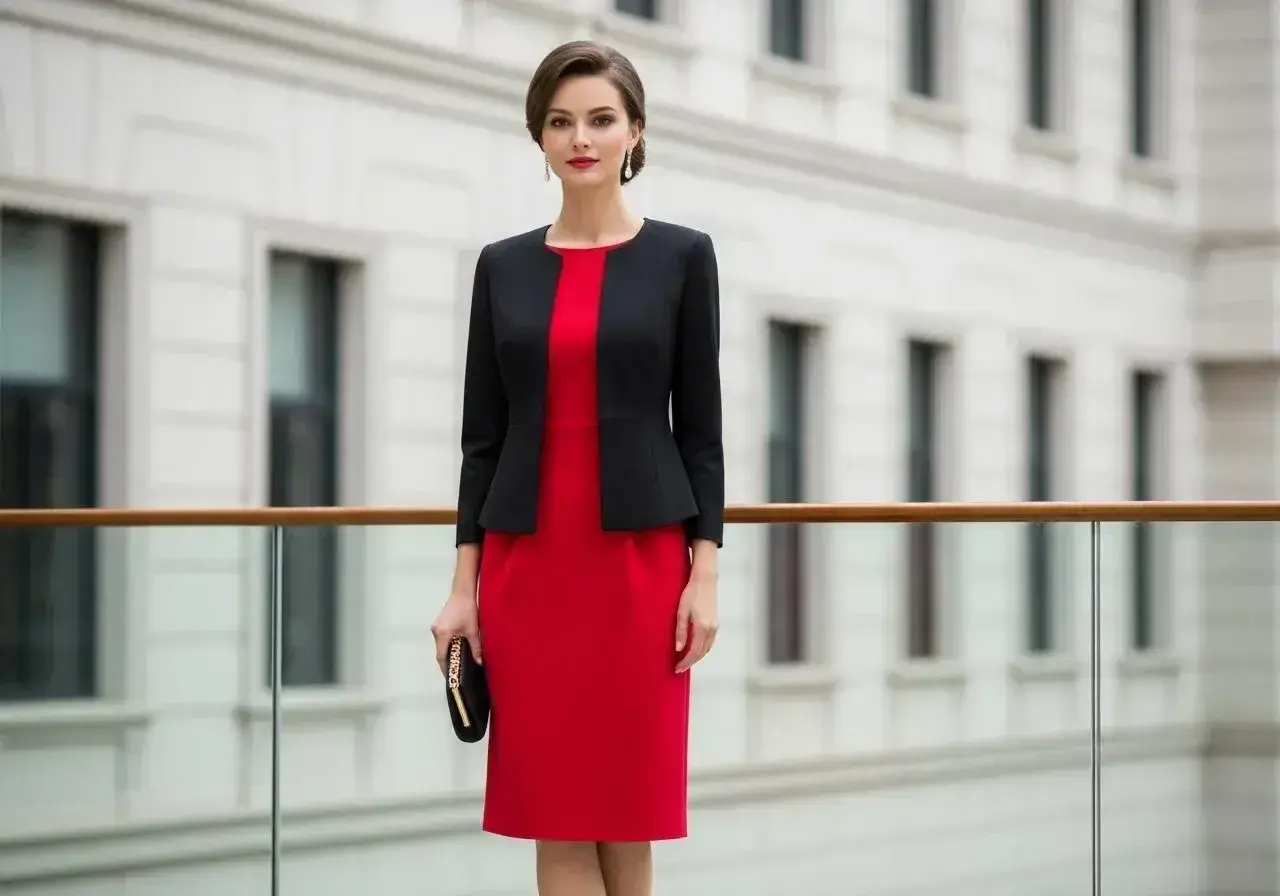 Elegancka kobieta w czerwonej sukience i czarnym żakiecie. Idealny zestaw, jaki garnitur do czerwonej sukienki? Ten czarny żakiet to strzał w dziesiątkę.