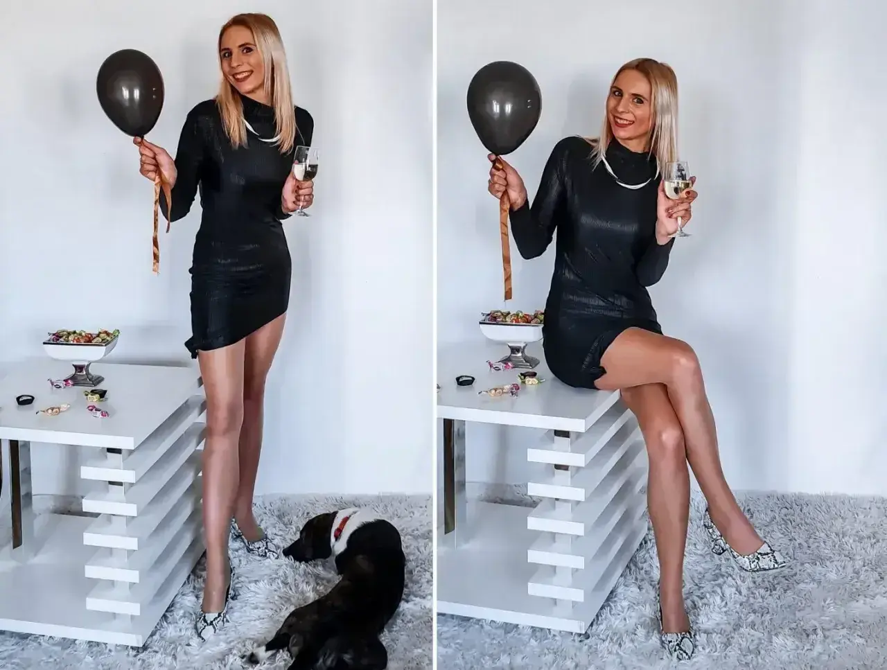 Elegancka czarna sukienka, idealna na 18 urodziny syna. W dłoni czarny balon i kieliszek szampana. Piesek leży obok.