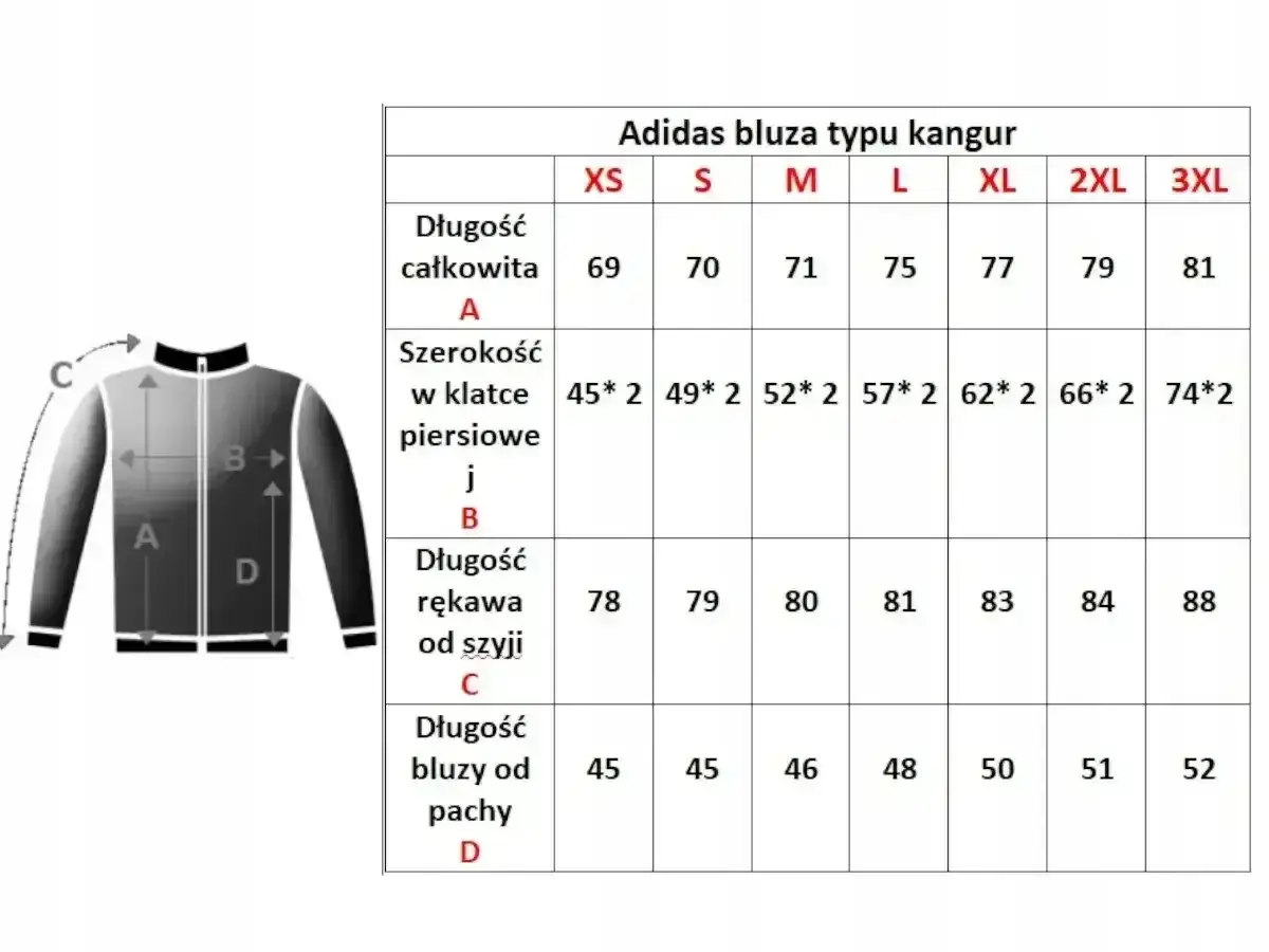 Tabela rozmiarów bluzy Adidas. Jaki rozmiar jest większy L czy M? L jest większy od M, ma 75 cm długości całkowitej i 57 cm szerokości w klatce.