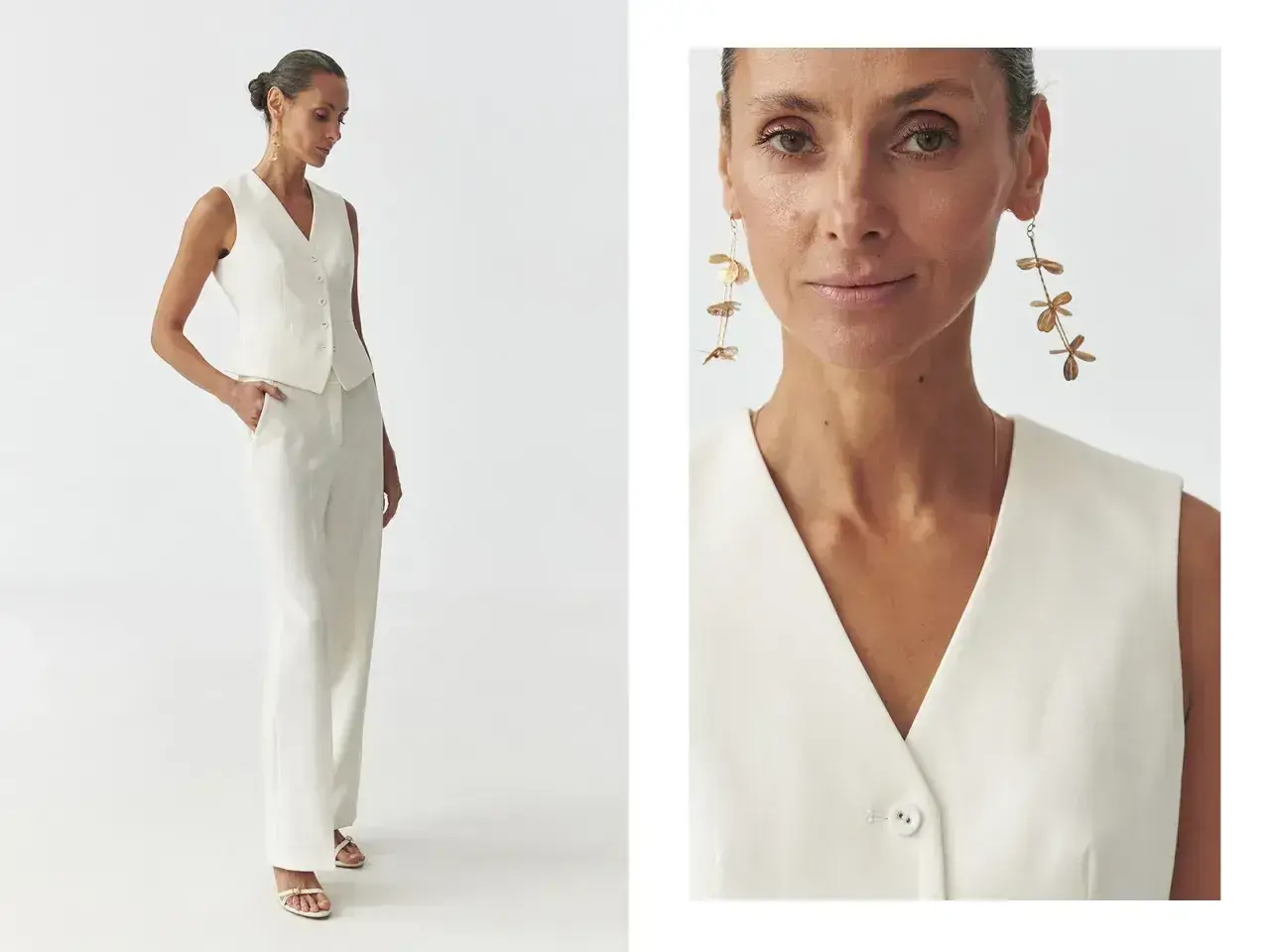 Elegancka biała kamizelka i spodnie tworzą stylowy komplet. Długie, złote kolczyki dodają szyku. Biała kamizelka stylizacje na co dzień i od święta.