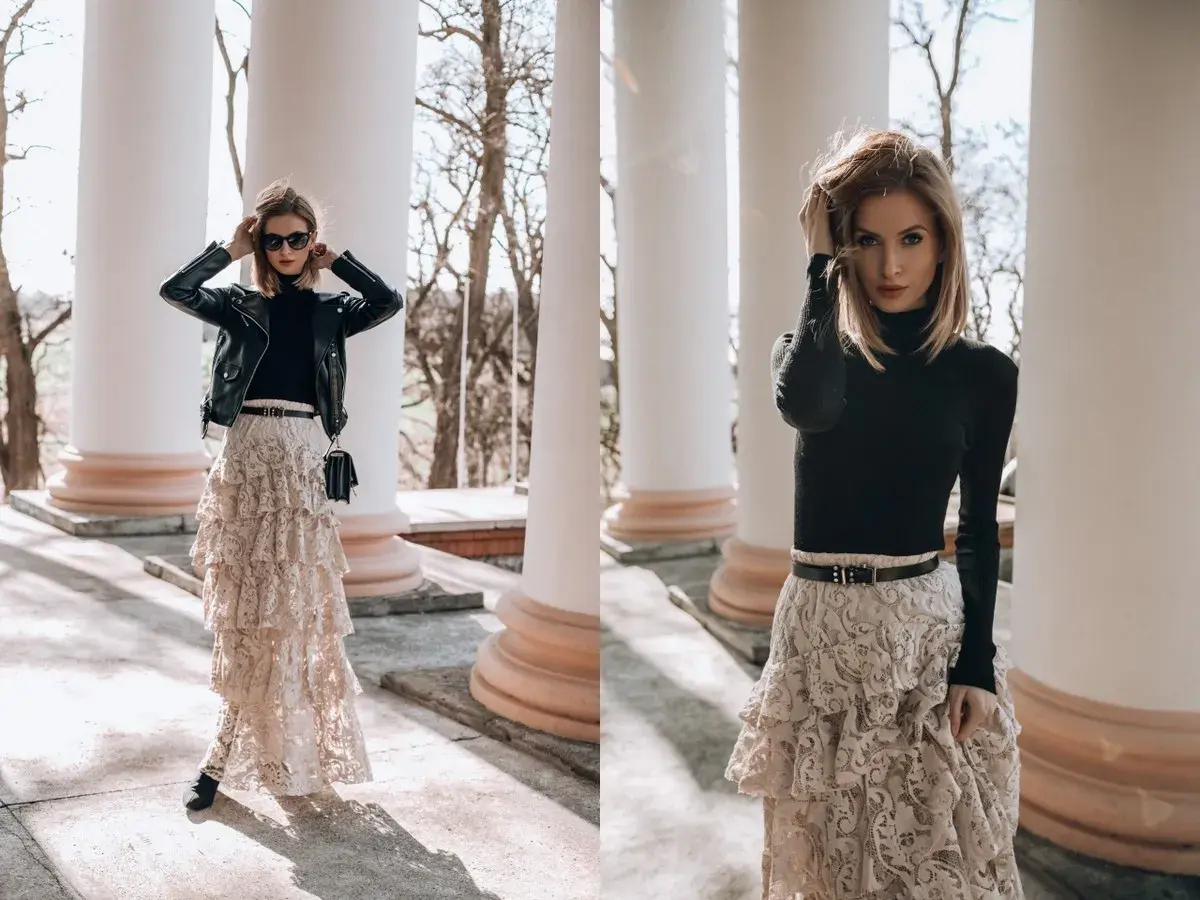 Elegancka długa spódnica z falbanami i koronką, zestawiona z czarnym golfem i ramoneską. Stylowe długa spódnica stylizacje.