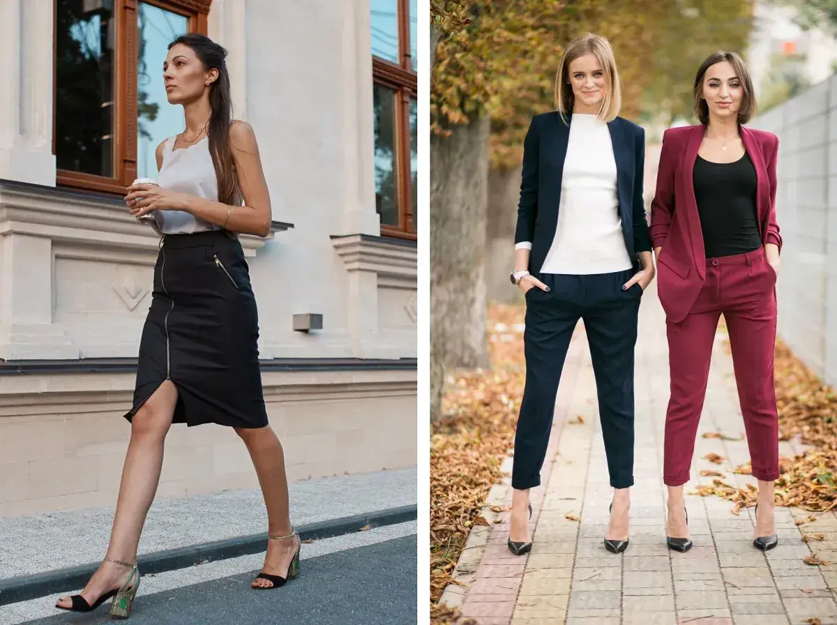 Eleganckie stylizacje dla kobiet: czarna spódnica z zamkiem, granatowy i bordowy garnitur. Inspiracje, jak się ubrać na poprawiny.