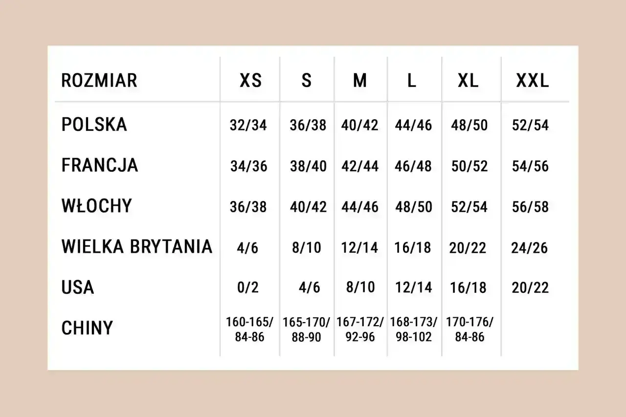 Tabela rozmiarów od XS do XXL, pokazująca polskie, francuskie, włoskie, brytyjskie, USA i chińskie odpowiedniki. Rozmiar uniwersalny to pojęcie, które może oznaczać różne rzeczy w zależności od kontekstu.