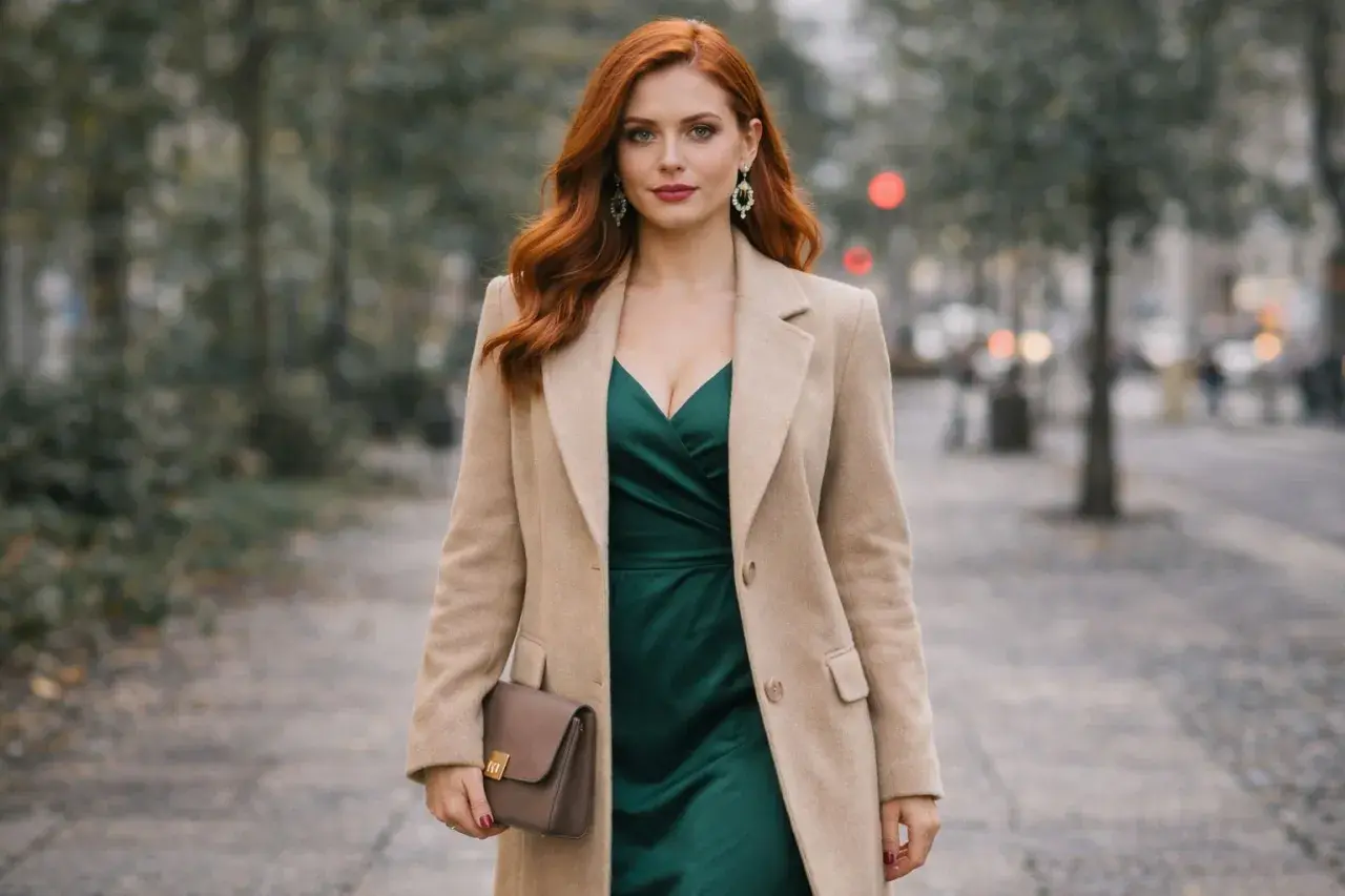 Elegancka kobieta w beżowym płaszczu i zielonej sukience, z brązową kopertówką. Idealna narzutka do zielonej sukienki na jesienny spacer.