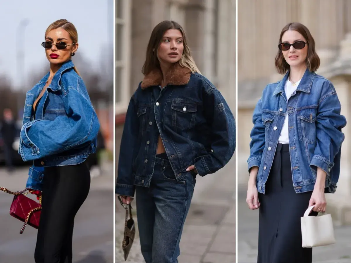 Trzy kobiety prezentują modne katana jeansowa stylizacje. Luźne kurtki dżinsowe w różnych odcieniach niebieskiego.