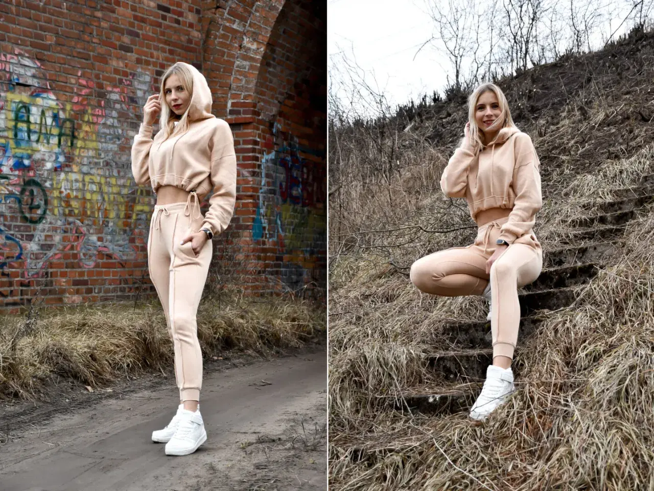 Eleganckie dresy stylizacje w beżowym kolorze. Kobieta w krótkiej bluzie z kapturem i dopasowanych spodniach prezentuje wygodny, ale stylowy look.