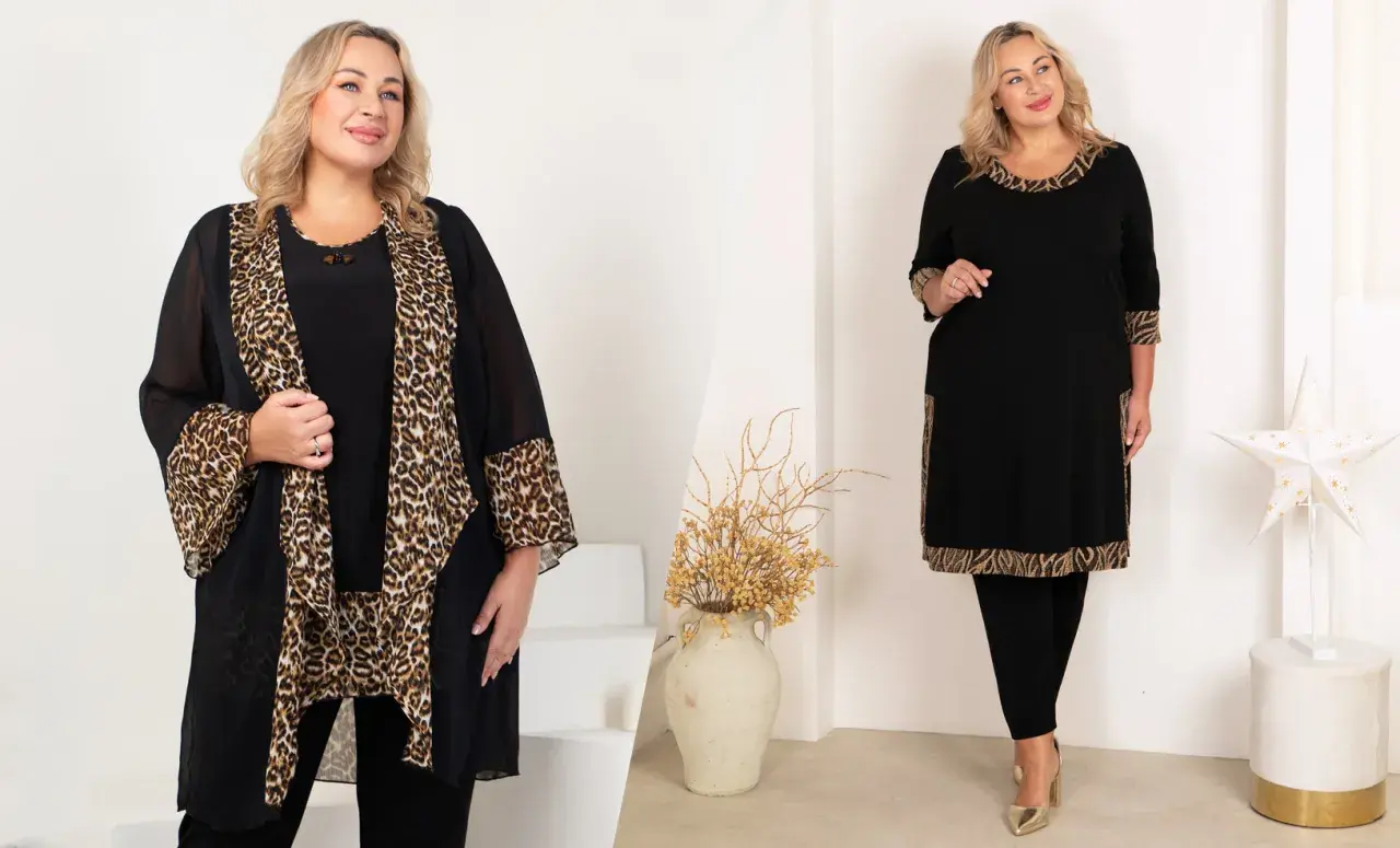 Dwie polskie modelki plus size prezentują eleganckie czarne kreacje z panterkowymi akcentami.