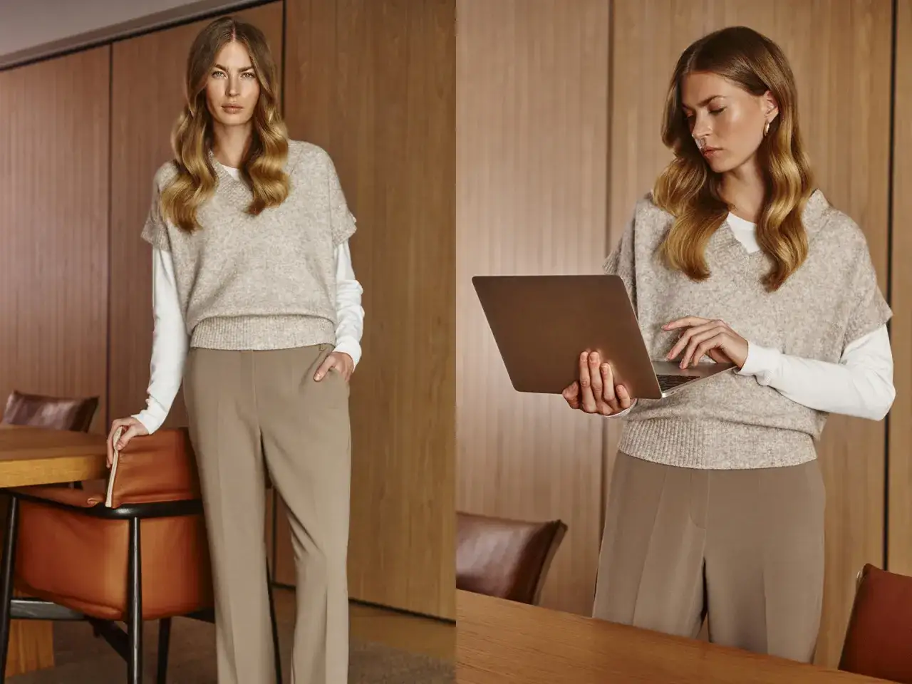 Elegancka kobieta w stylizacji business casual, z laptopem w dłoniach, gotowa do pracy.