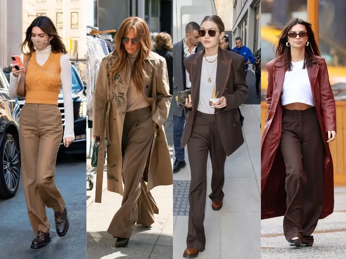 Brązowe spodnie w stylizacjach od Kendall Jenner, Jennifer Lopez, Gigi Hadid i Emily Ratajkowski. Eleganckie i modne zestawy.