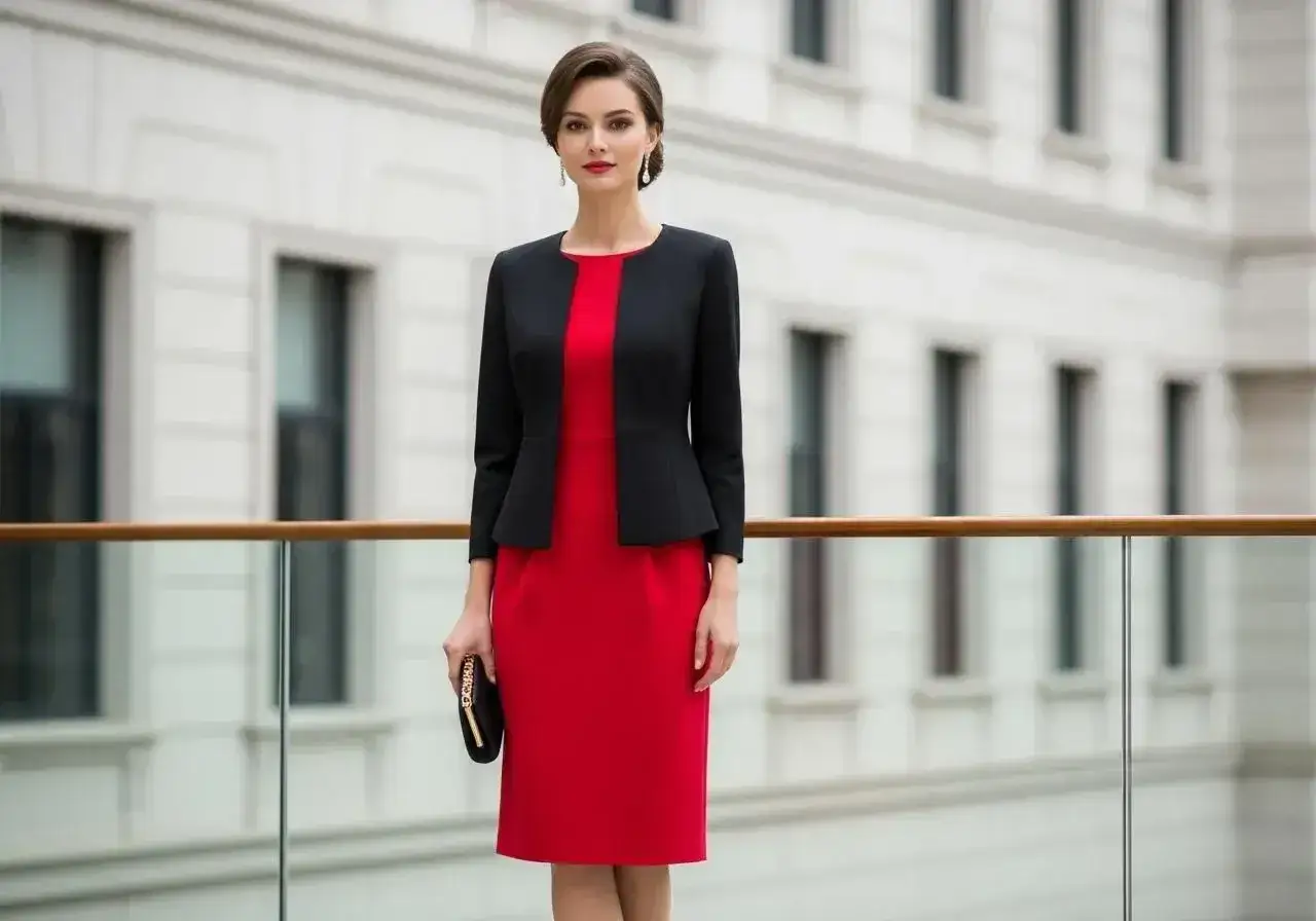Elegancka kobieta w czerwonej sukience i czarnym żakiecie. Idealny zestaw, jaki garnitur do czerwonej sukienki? Czarny żakiet to świetny wybór.