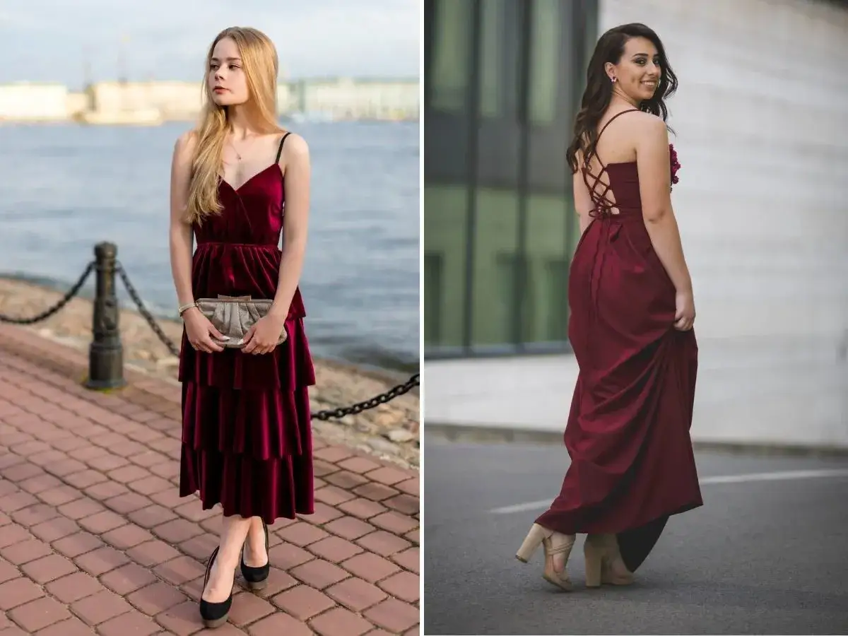 Dwie kobiety prezentują bordową sukienkę stylizacje. Jedna w welurowej, falbaniastej kreacji z kopertówką, druga w długiej, z gorsetowym tyłem.