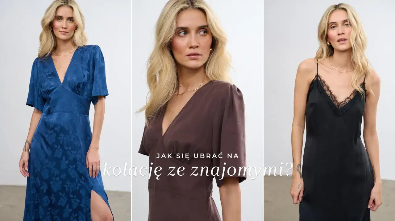 Trzy eleganckie sukienki: niebieska w kwiaty, brązowa i czarna z koronką. Idealne stylizacje na wieczorne wyjście ze znajomymi.
